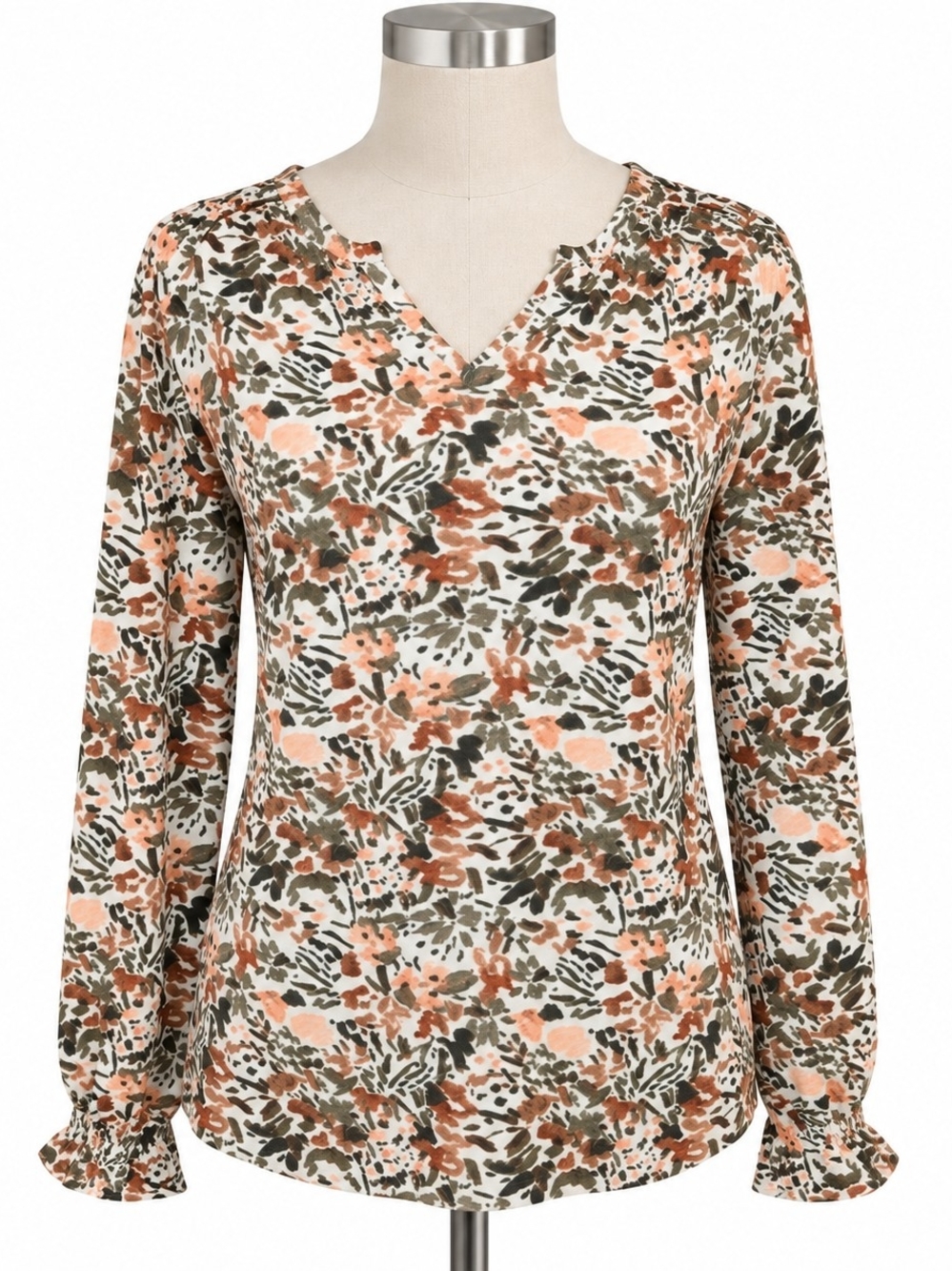 Jessica Simpson Women’s M Floral Blouse Split Neck Ruffle Cuff Long Sleeve